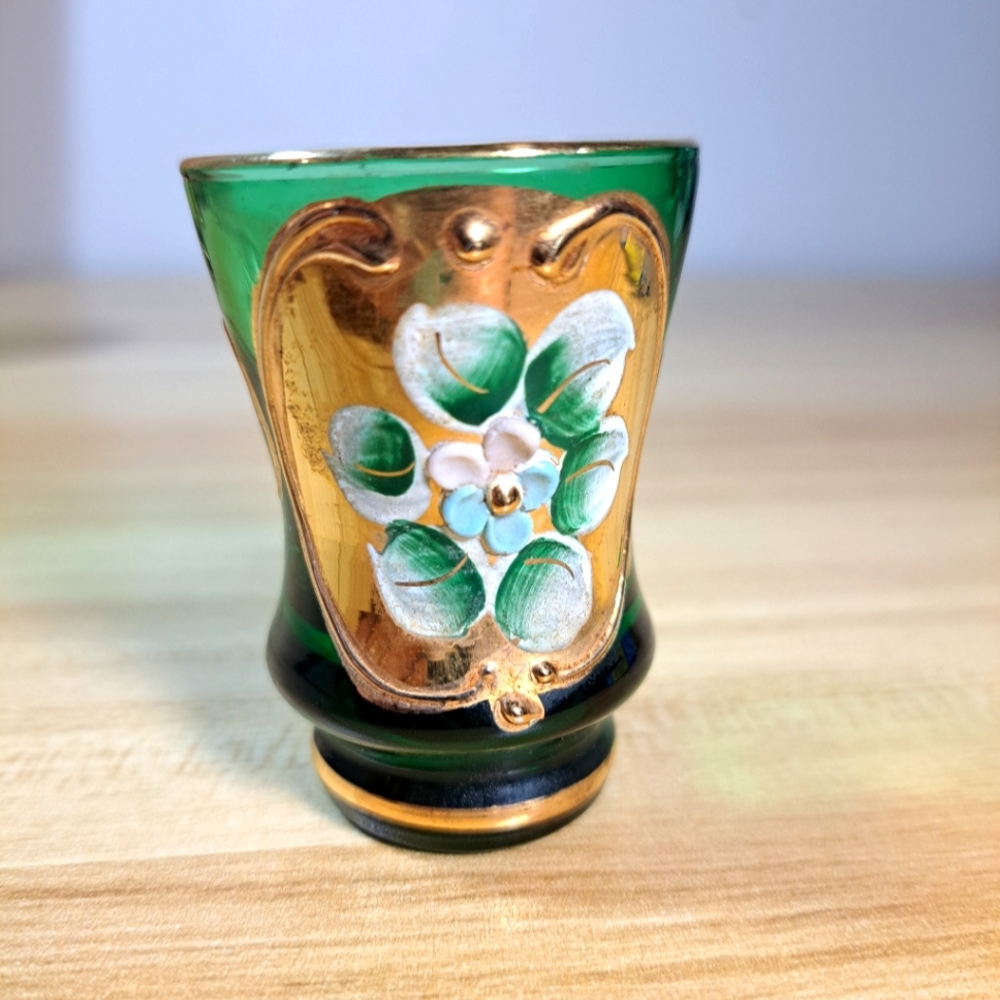 Venetian Italian Green Shot Glass Hand Painted Flower Gold Grim